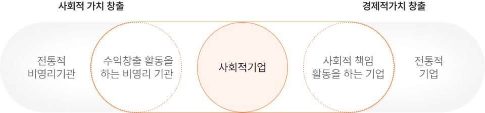 사회적 가치 창출 - 전통적 비영리기관, 수익창출 활동을 하는 비영리기관 / 사회적기업 영역 - 사회적책임 기업 / 경제적가치 창출 - 사회적책임 활동을 하는 기업, 전통적 기업