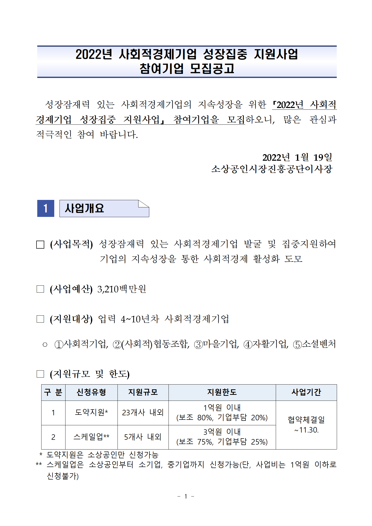 2022년 사회적경제기업 성장집중 지원사업 참여기업 모집(사업개요)