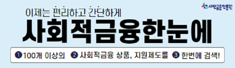 이제는 편리하고 간단하게 사회적금융한눈에 (1) 100개 이상의 (2) 사회적금융 상품, 지원제도를 (3) 한번에 검색!